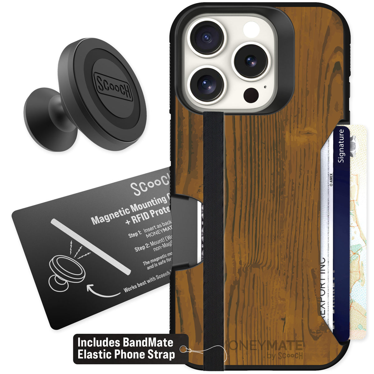 Scooch Moneymate Wood Grain for iPhone 16 Pro — Starter Bundle