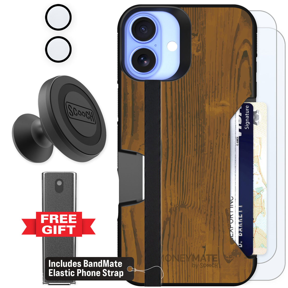 Scooch Moneymate Wood Grain for iPhone 16 Plus — Defender Bundle