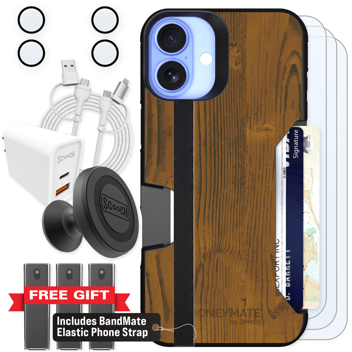 Scooch Moneymate Wood Grain for iPhone 16 Plus — Ultimate Bundle