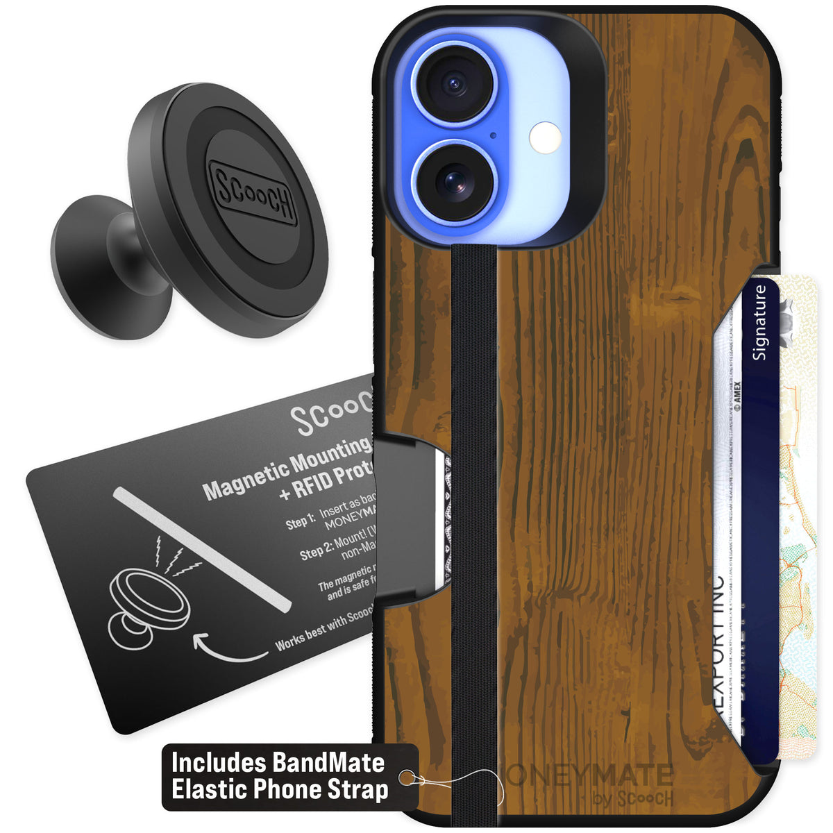 Scooch Moneymate Wood Grain for iPhone 16 — Starter Bundle