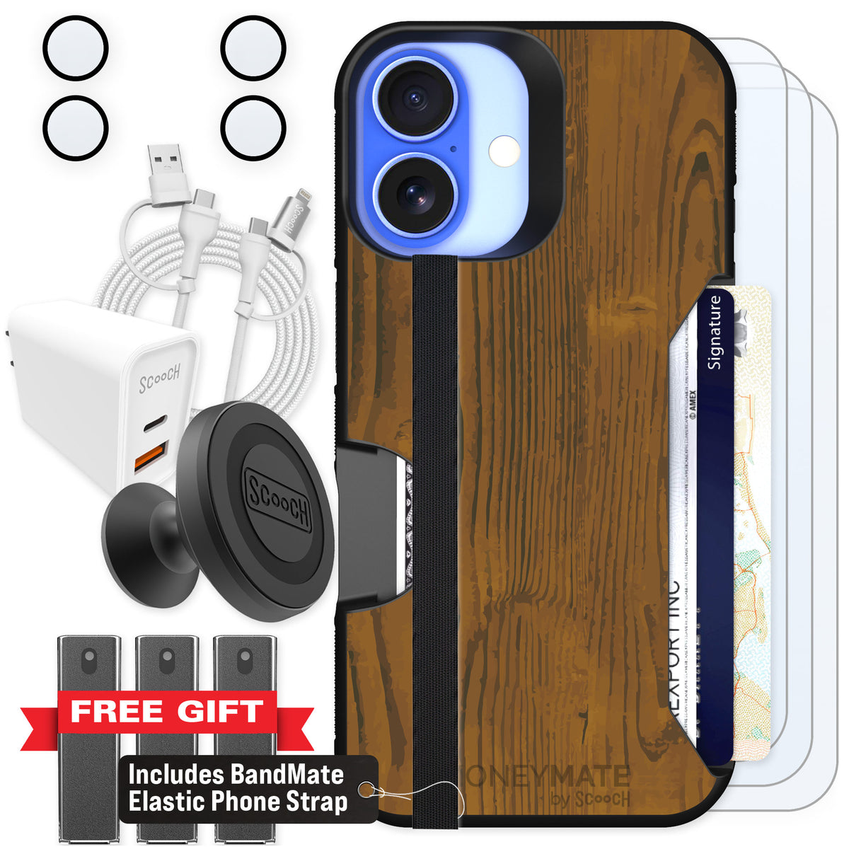 Scooch Moneymate Wood Grain for iPhone 16 — Ultimate Bundle