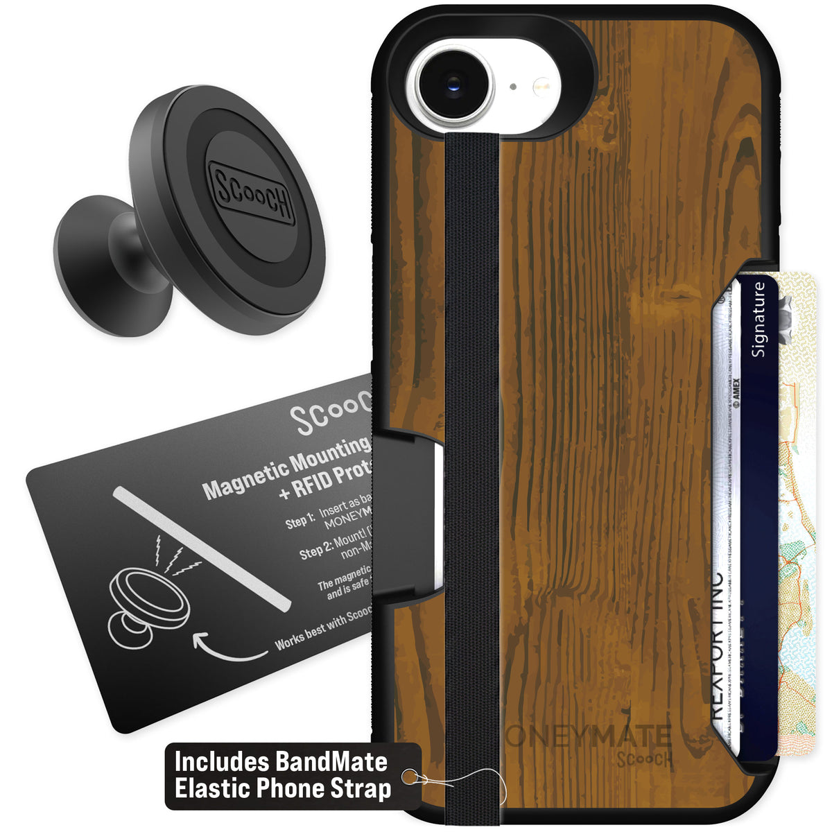 Scooch Moneymate Wood Grain for iPhone 16e — Starter Bundle
