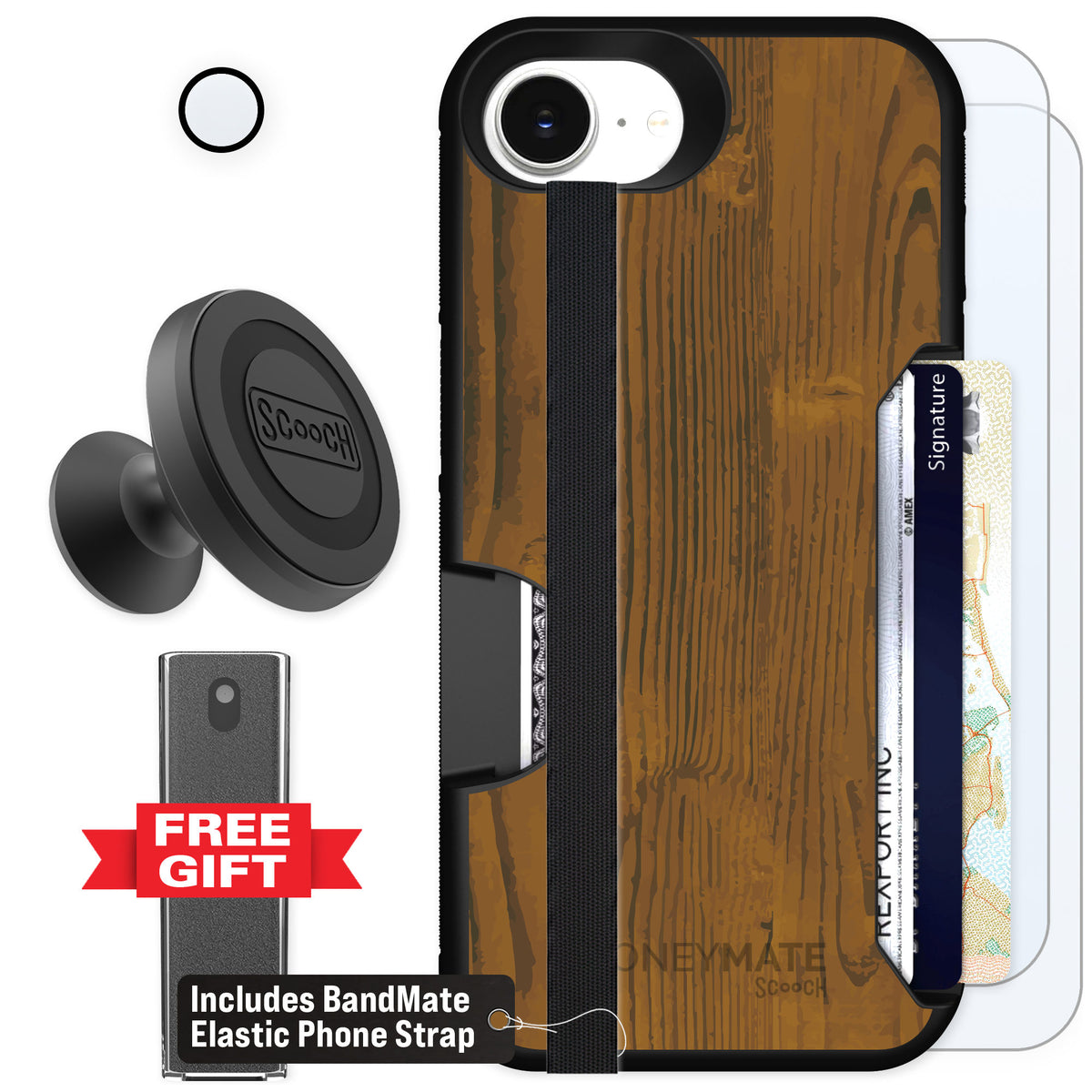Scooch Moneymate Wood Grain for iPhone 16e — Defender Bundle