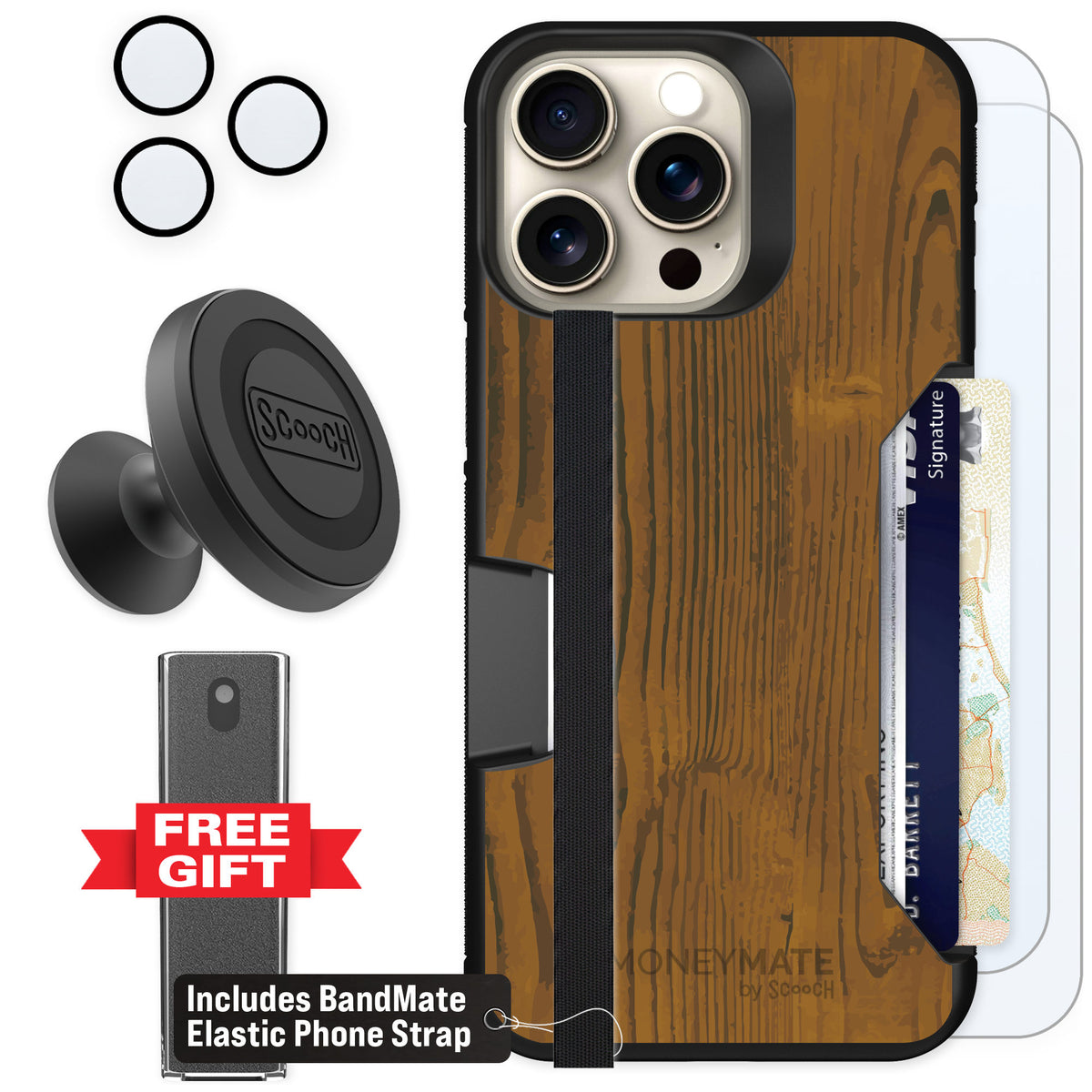 Scooch Moneymate Wood Grain for iPhone 15 Pro Max — Defender Bundle