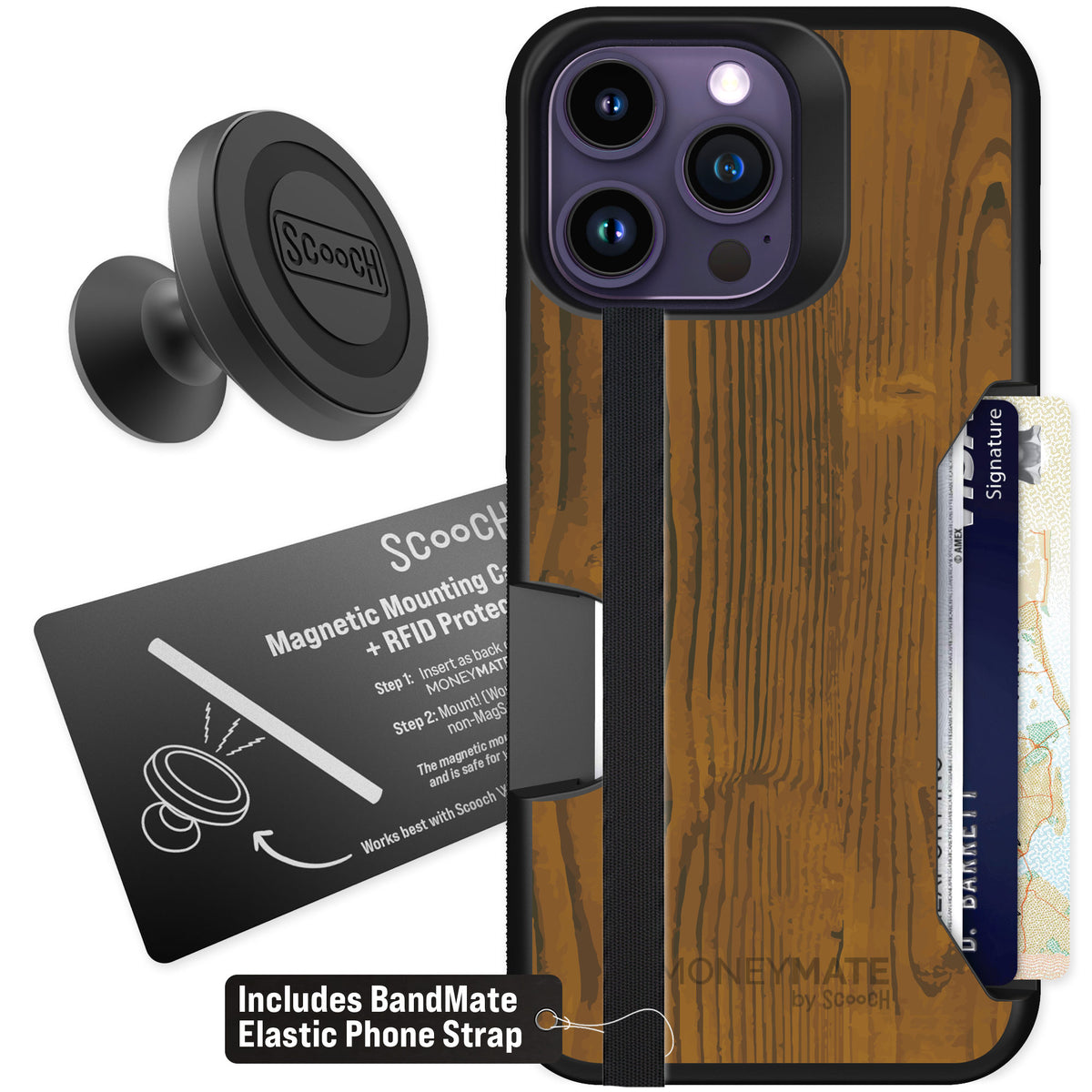 Scooch Moneymate Wood Grain for iPhone 14 Pro Max — Starter Bundle