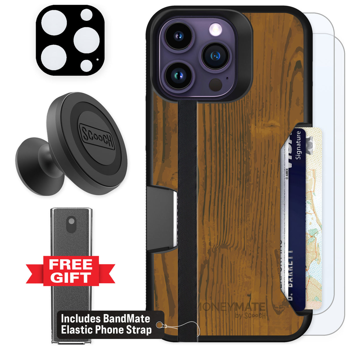 Scooch Moneymate Wood Grain for iPhone 14 Pro Max — Defender Bundle