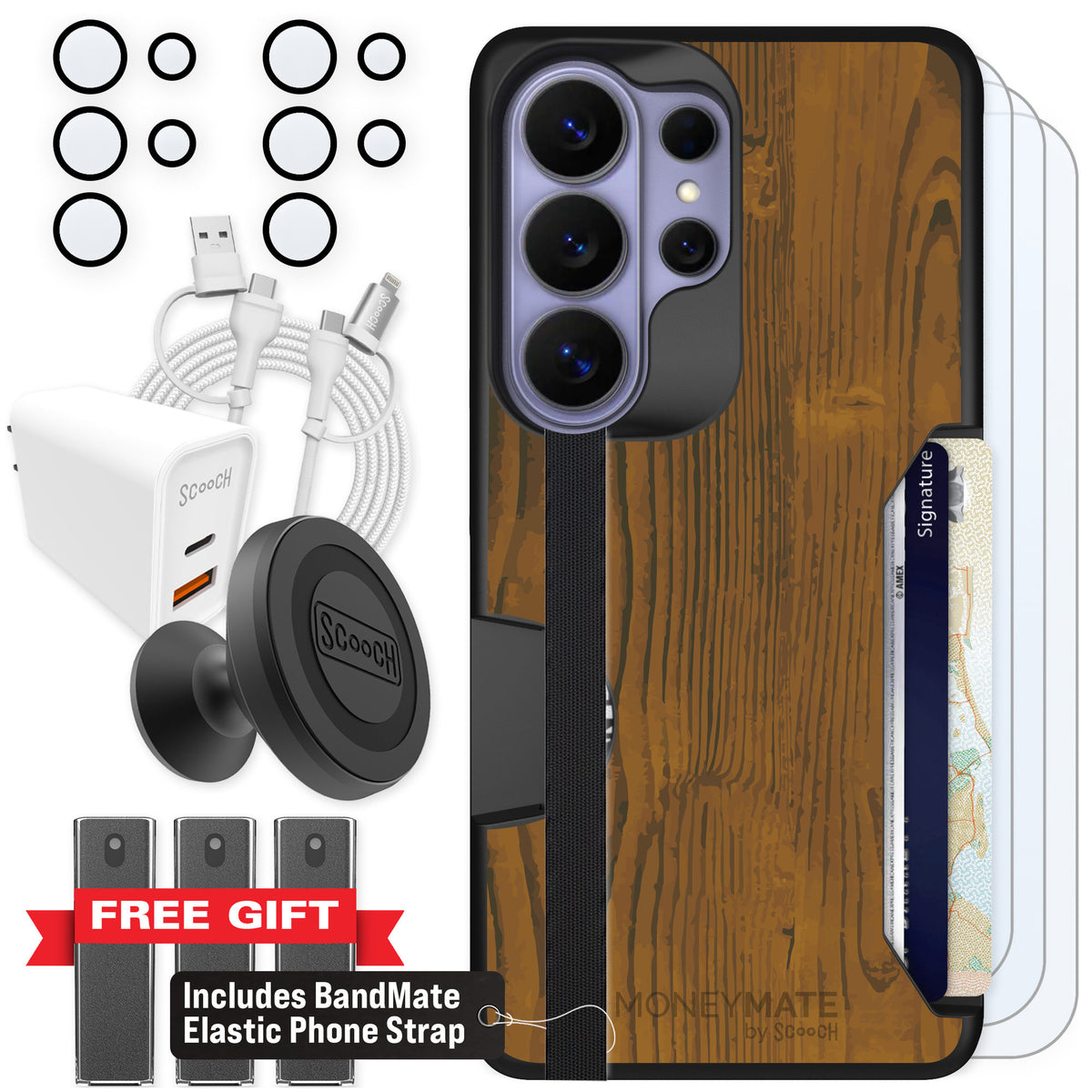 Scooch Moneymate Wood Grain for Galaxy S26 Ultra — Ultimate Bundle