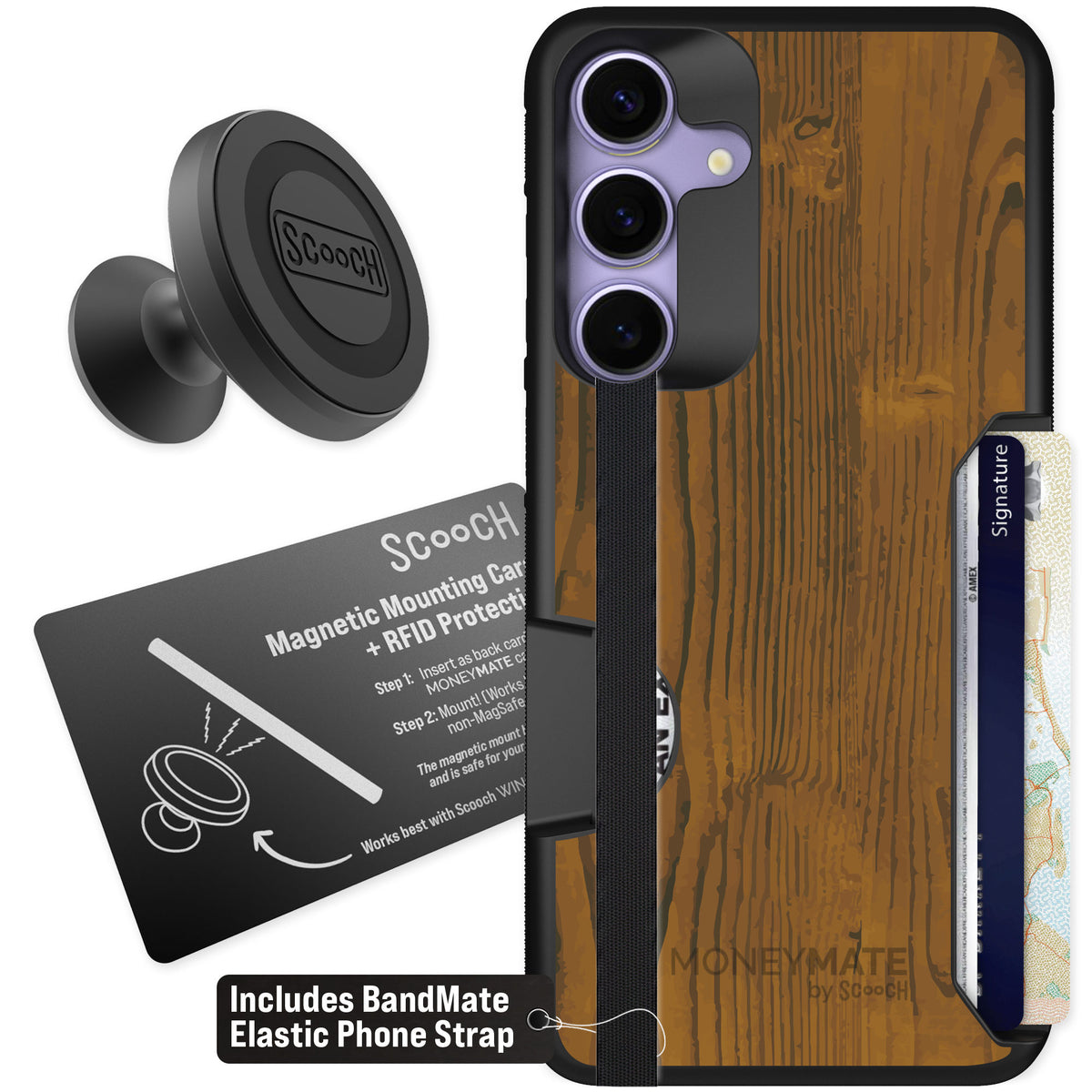 Scooch Moneymate Wood Grain for Galaxy S25+ — Starter Bundle