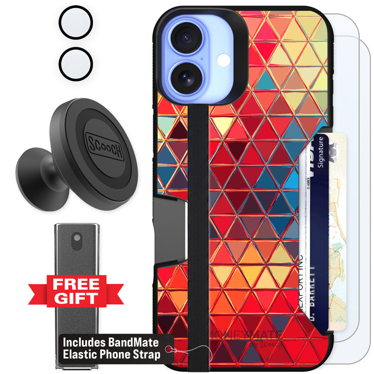 Scooch Moneymate Festive Glass for iPhone 16 Plus — Defender Bundle