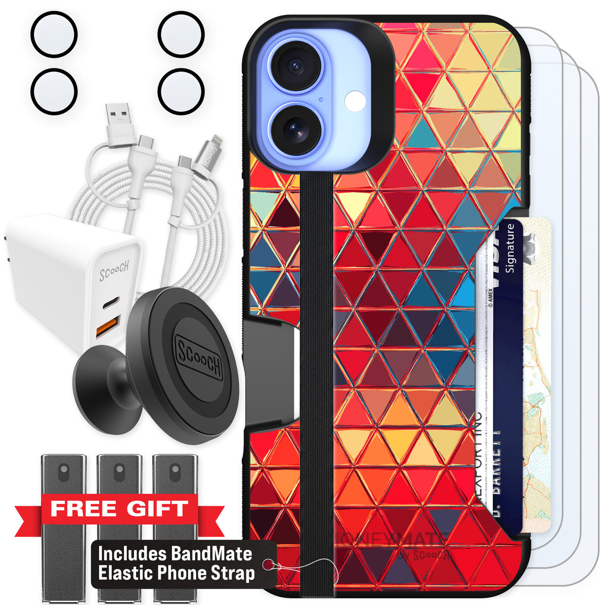 Scooch Moneymate Festive Glass for iPhone 16 Plus — Ultimate Bundle