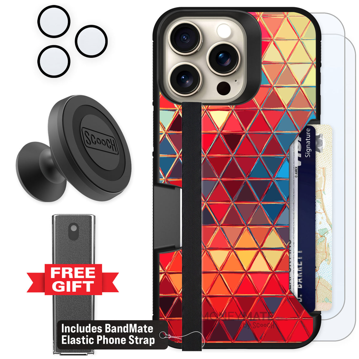 Scooch Moneymate Festive Glass for iPhone 15 Pro Max — Defender Bundle