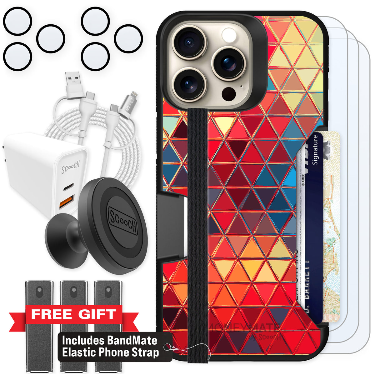 Scooch Moneymate Festive Glass for iPhone 15 Pro Max — Ultimate Bundle