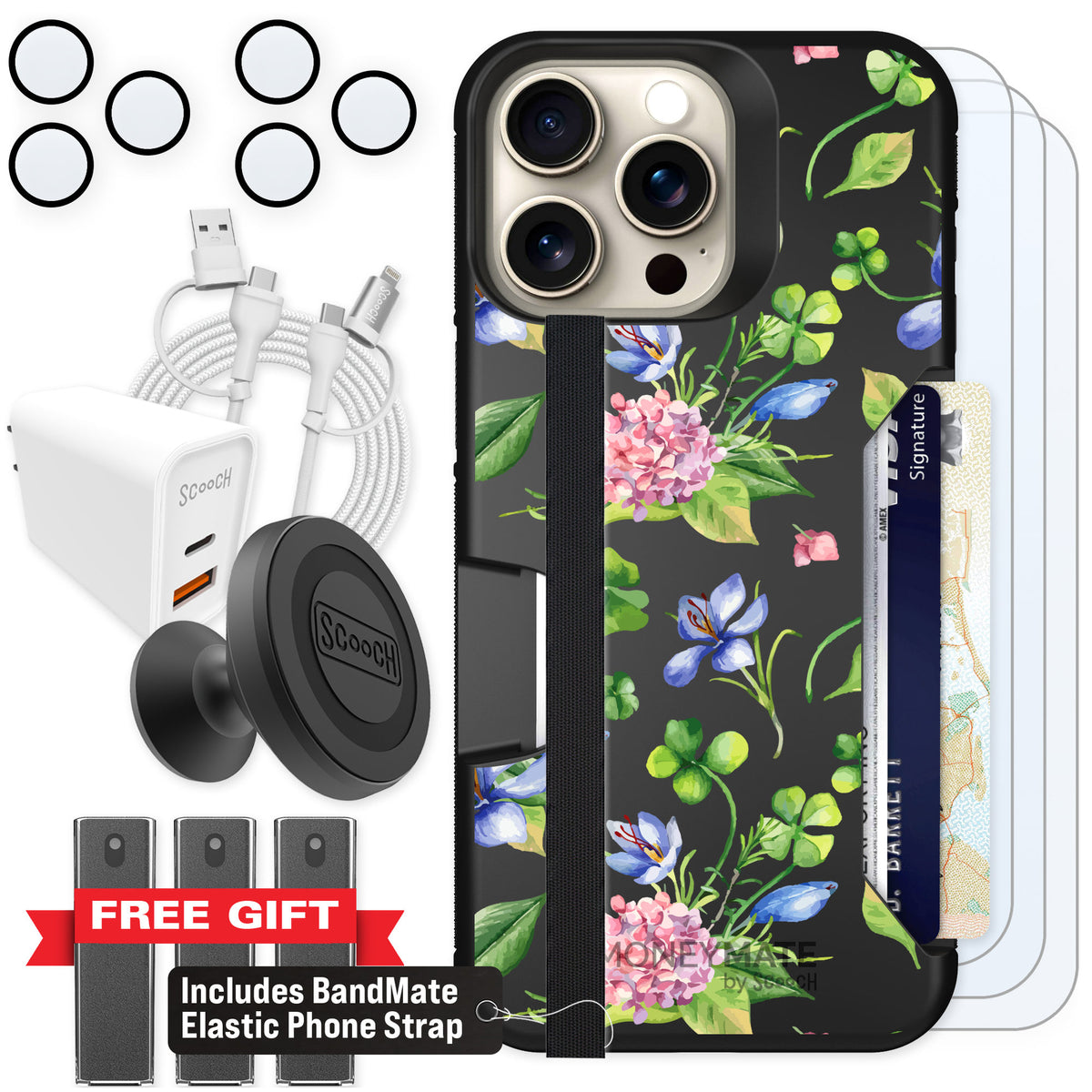 Scooch Moneymate Lucky Hydrangea for iPhone 15 Pro Max — Ultimate Bundle