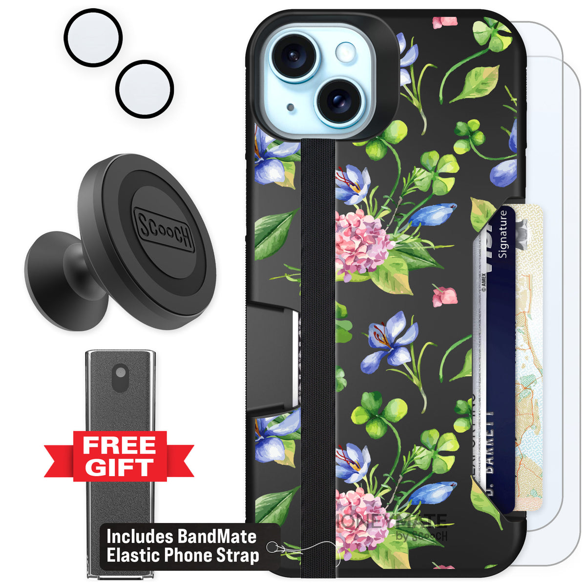 Scooch Moneymate Lucky Hydrangea for iPhone 15 Plus — Defender Bundle