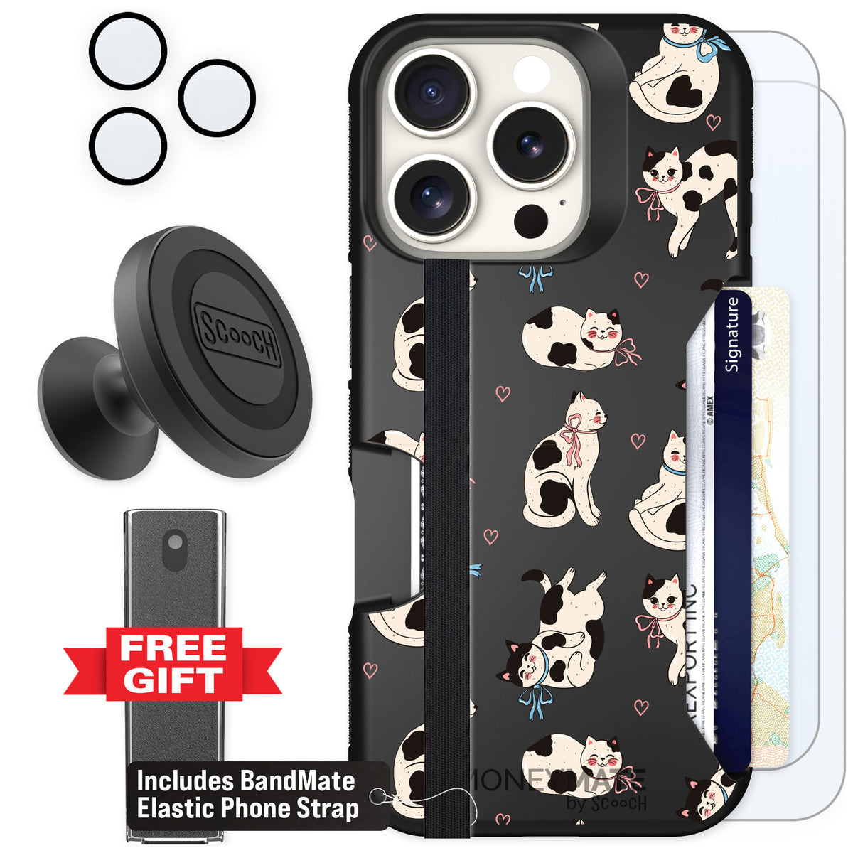 Scooch Moneymate Bow Kitties for iPhone 16 Pro — Defender Bundle