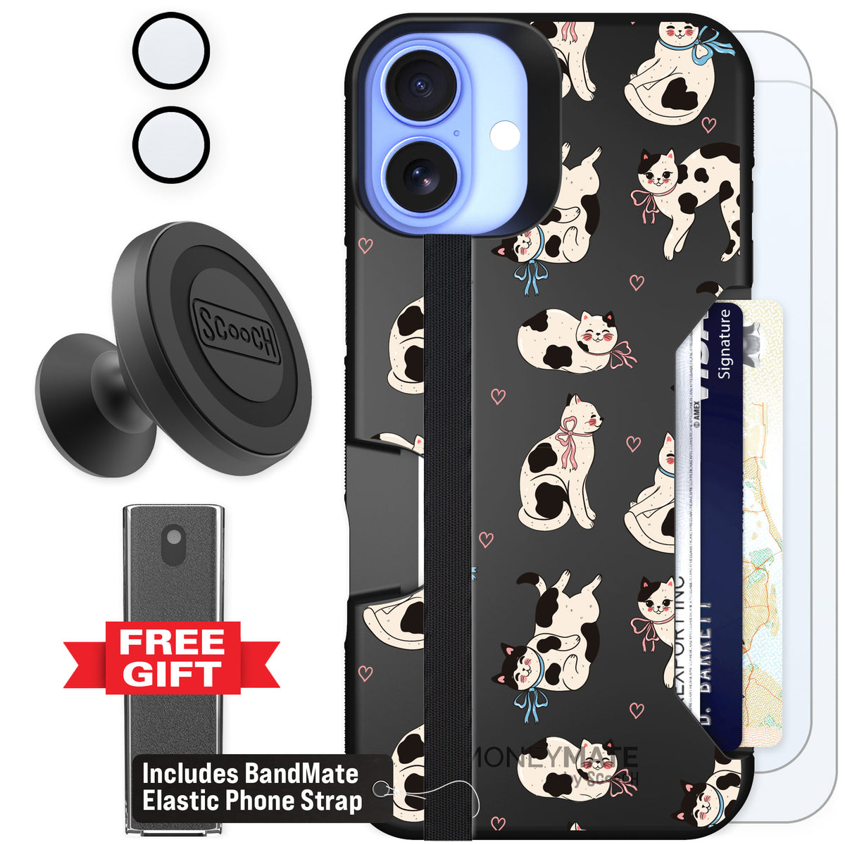 Scooch Moneymate Bow Kitties for iPhone 16 Plus — Defender Bundle