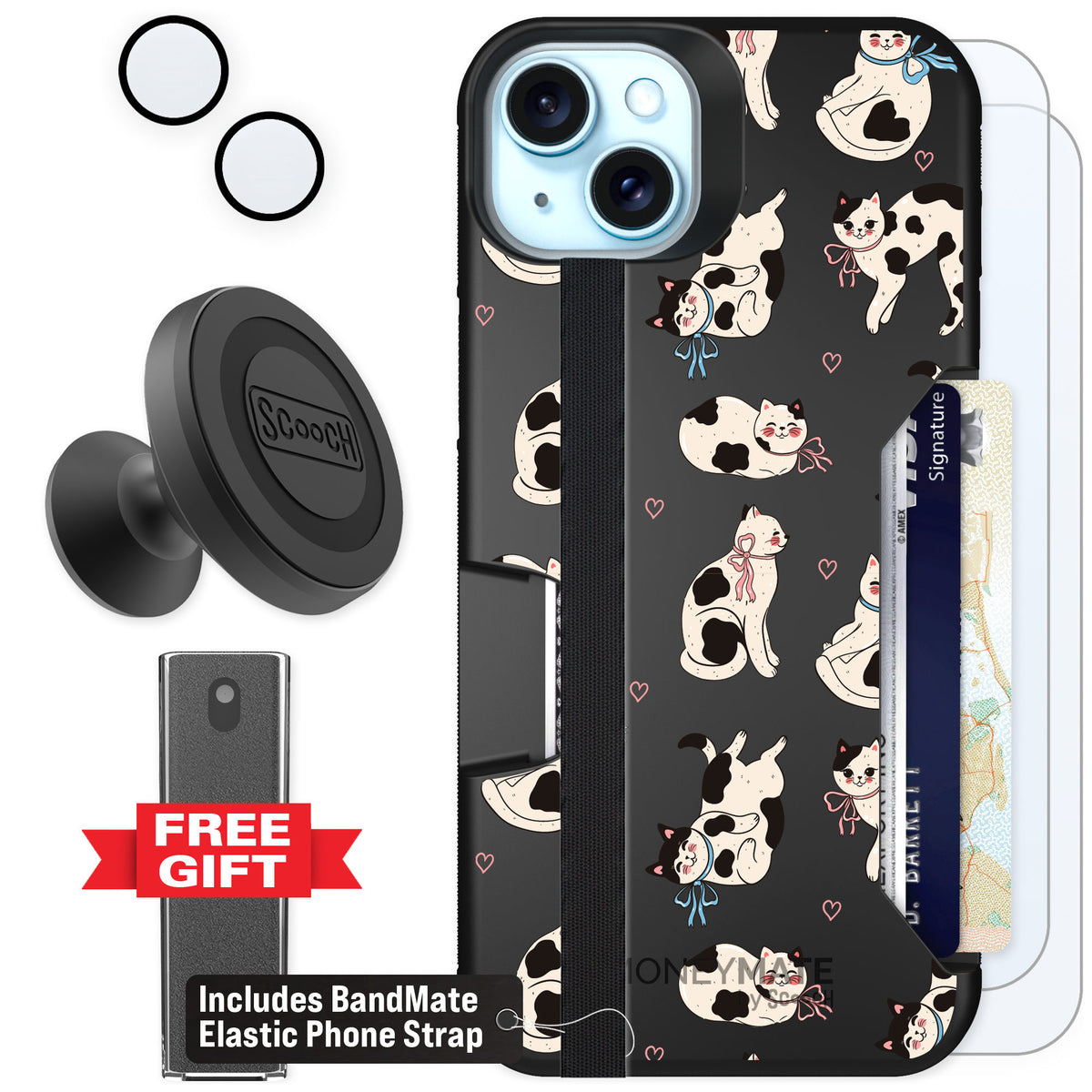 Scooch Moneymate Bow Kitties for iPhone 14 Plus — Defender Bundle