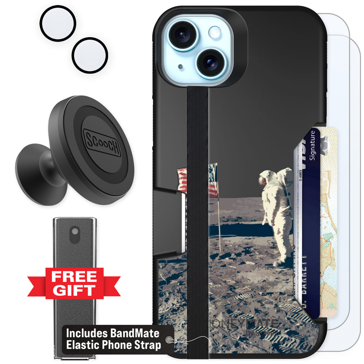 Scooch Moneymate Lunar Landing for iPhone 15 Plus — Defender Bundle