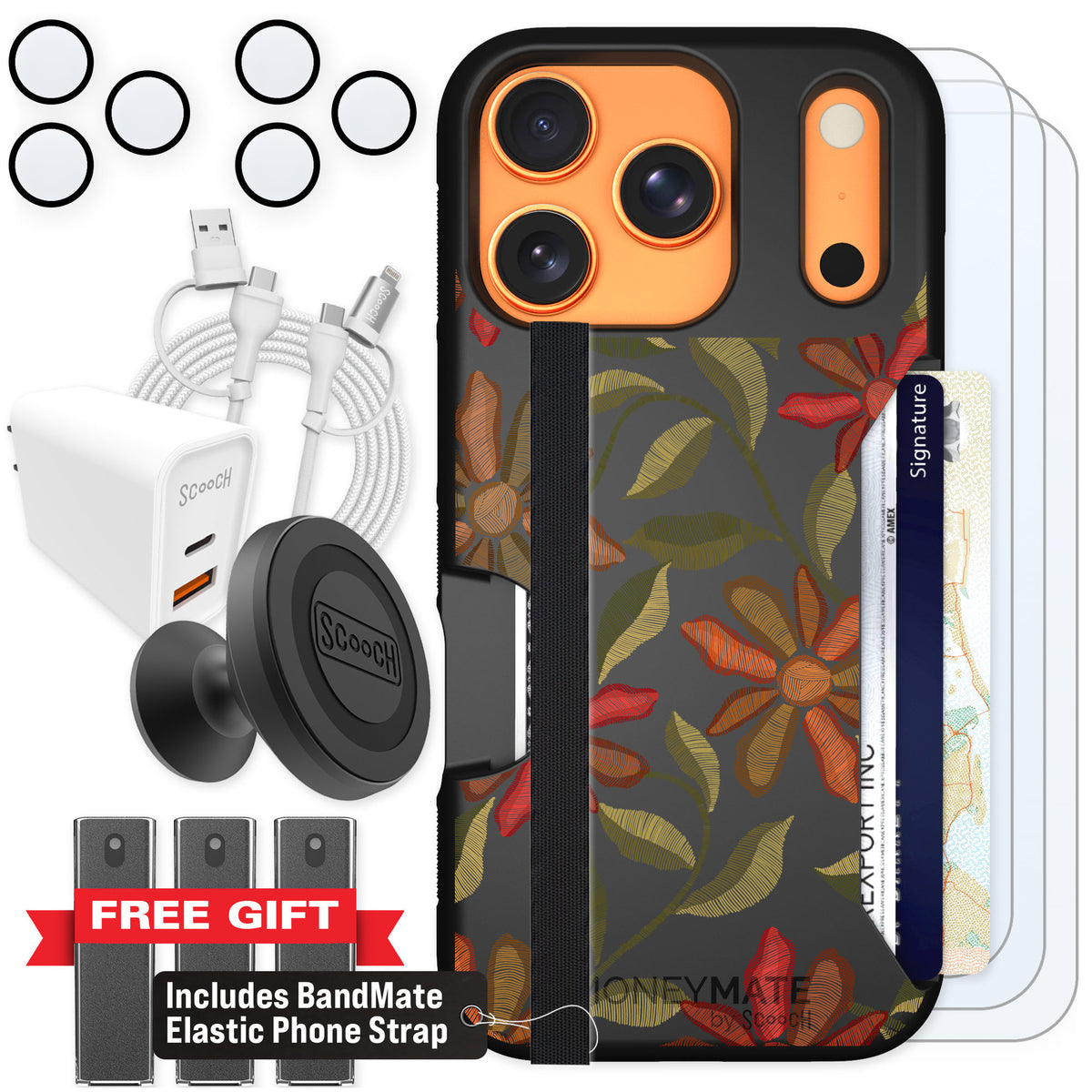 Scooch Moneymate Floral Tapestry for iPhone 17 Pro — Ultimate Bundle