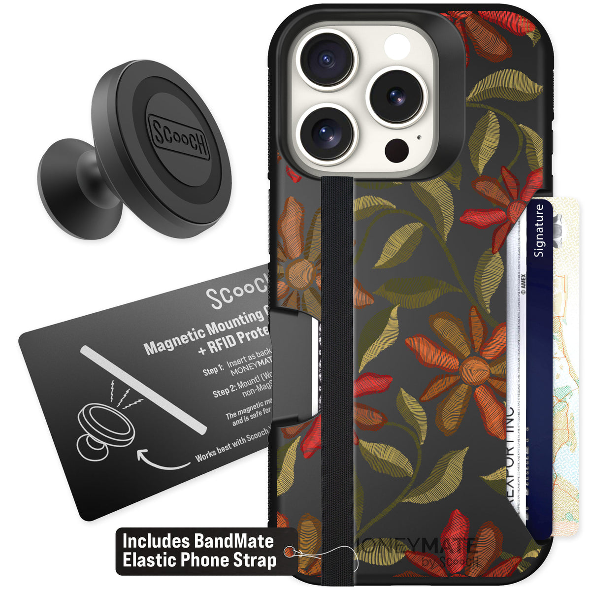 Scooch Moneymate Floral Tapestry for iPhone 16 Pro — Starter Bundle