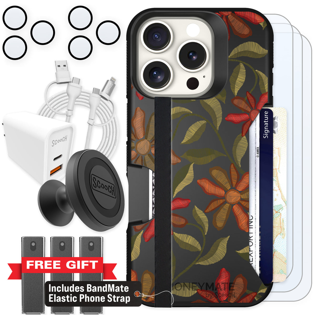 Scooch Moneymate Floral Tapestry for iPhone 16 Pro — Ultimate Bundle