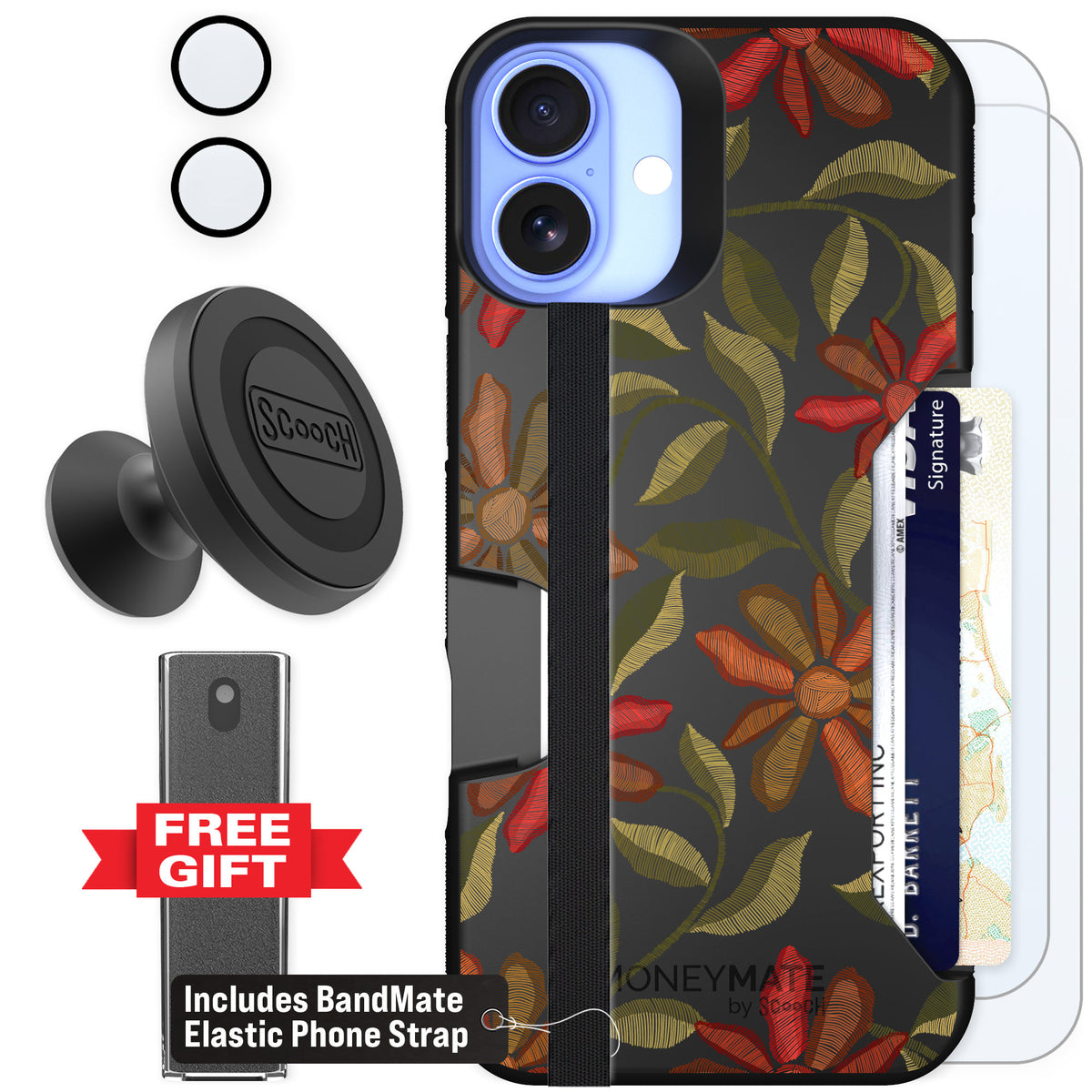Scooch Moneymate Floral Tapestry for iPhone 16 Plus — Defender Bundle