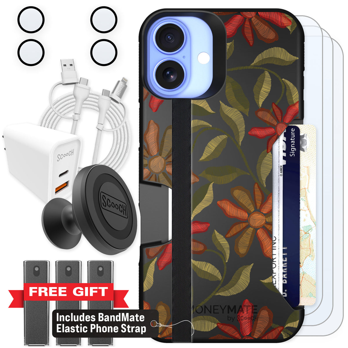 Scooch Moneymate Floral Tapestry for iPhone 16 Plus — Ultimate Bundle