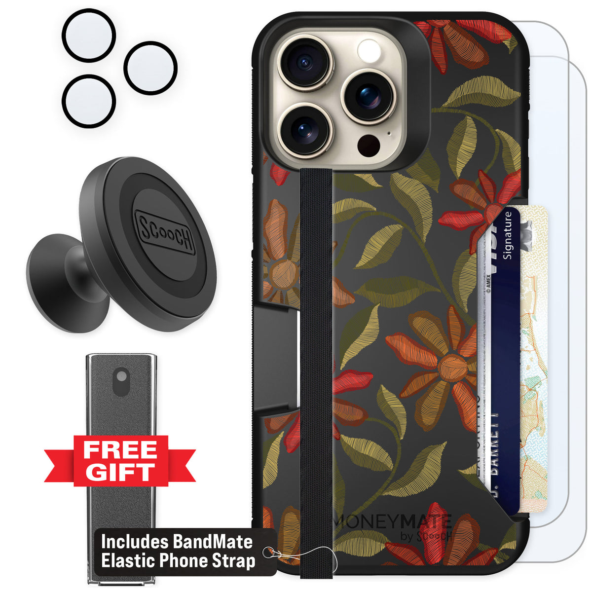 Scooch Moneymate Floral Tapestry for iPhone 15 Pro Max — Defender Bundle