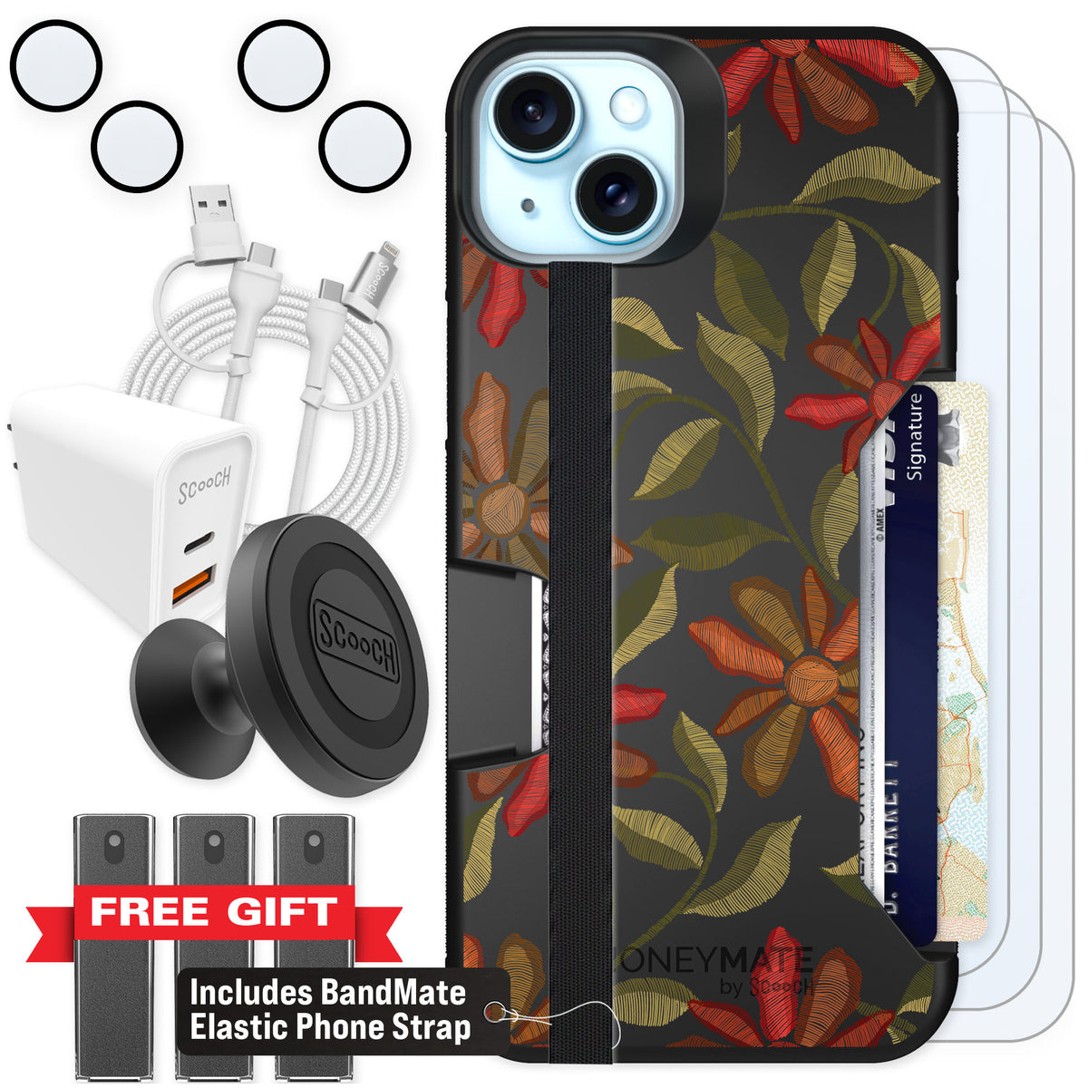 Scooch Moneymate Floral Tapestry for iPhone 15 Plus — Ultimate Bundle