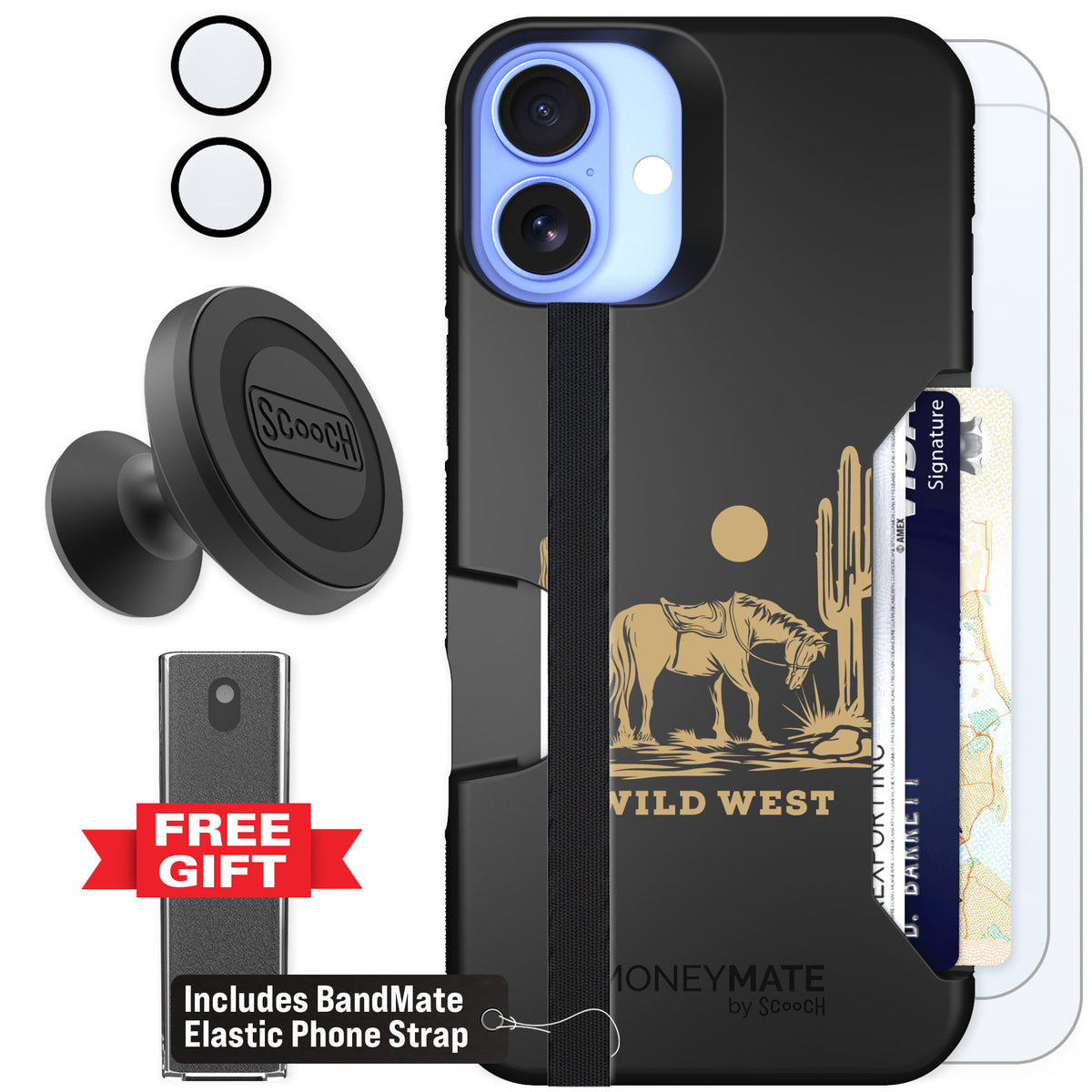 Scooch Moneymate Wild West for iPhone 16 Plus — Defender Bundle