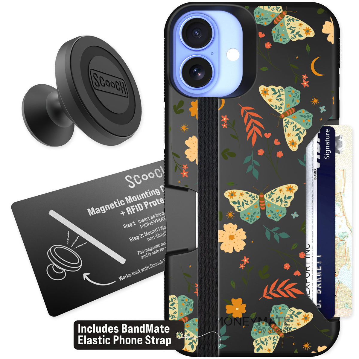 Scooch Moneymate Boho Nights for iPhone 16 Plus — Starter Bundle