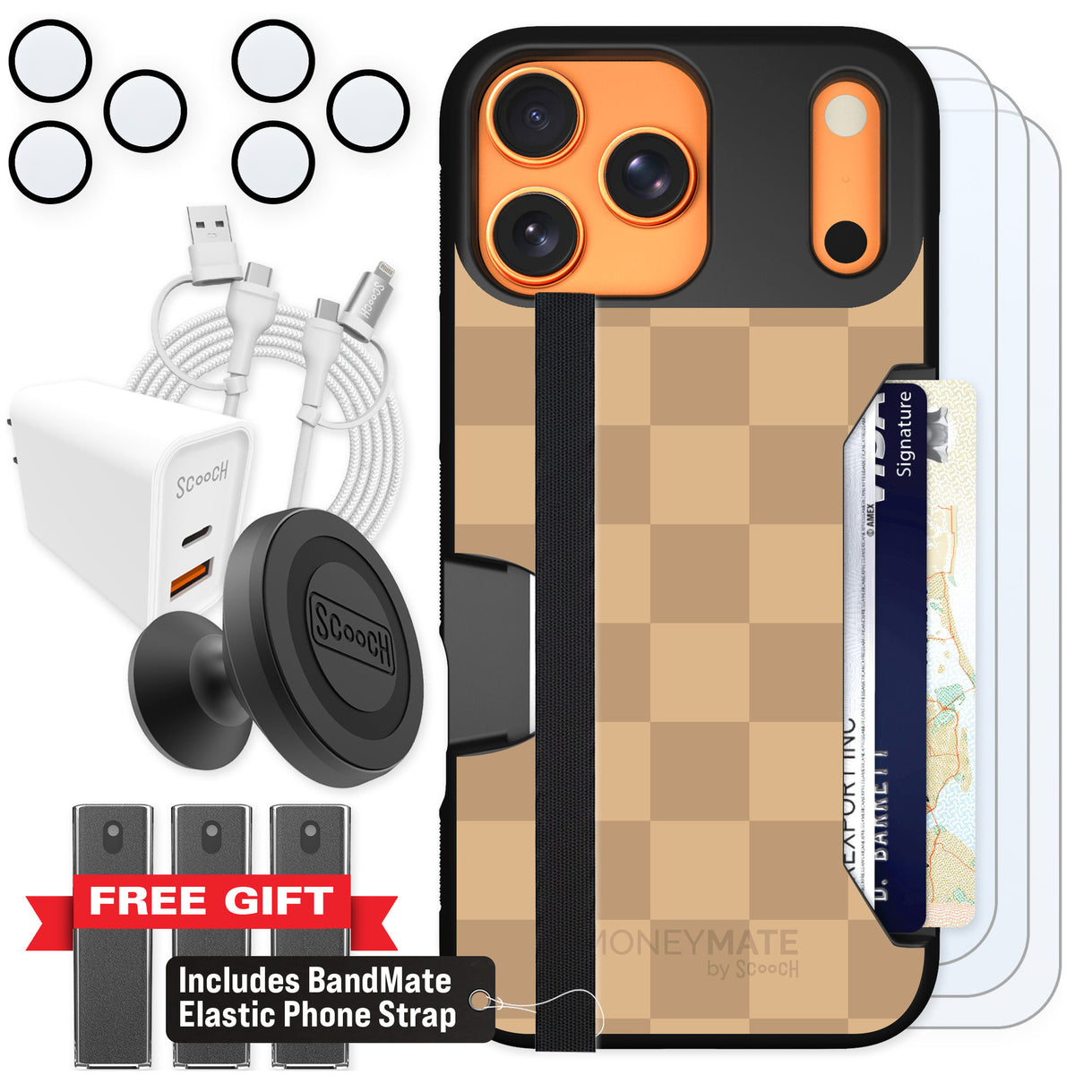 Scooch Moneymate Checkered Beige for iPhone 17 Pro Max — Ultimate Bundle