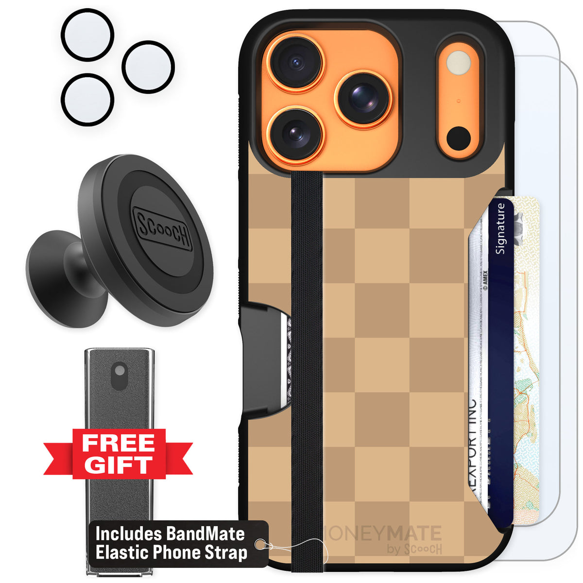 Scooch Moneymate Checkered Beige for iPhone 17 Pro — Defender Bundle