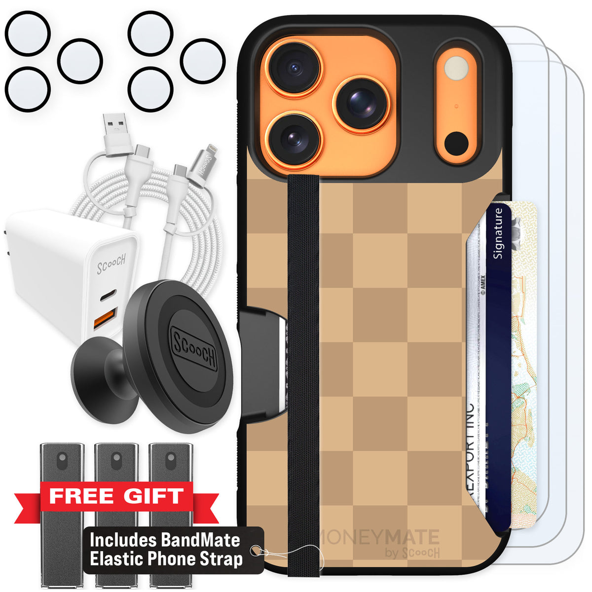 Scooch Moneymate Checkered Beige for iPhone 17 Pro — Ultimate Bundle
