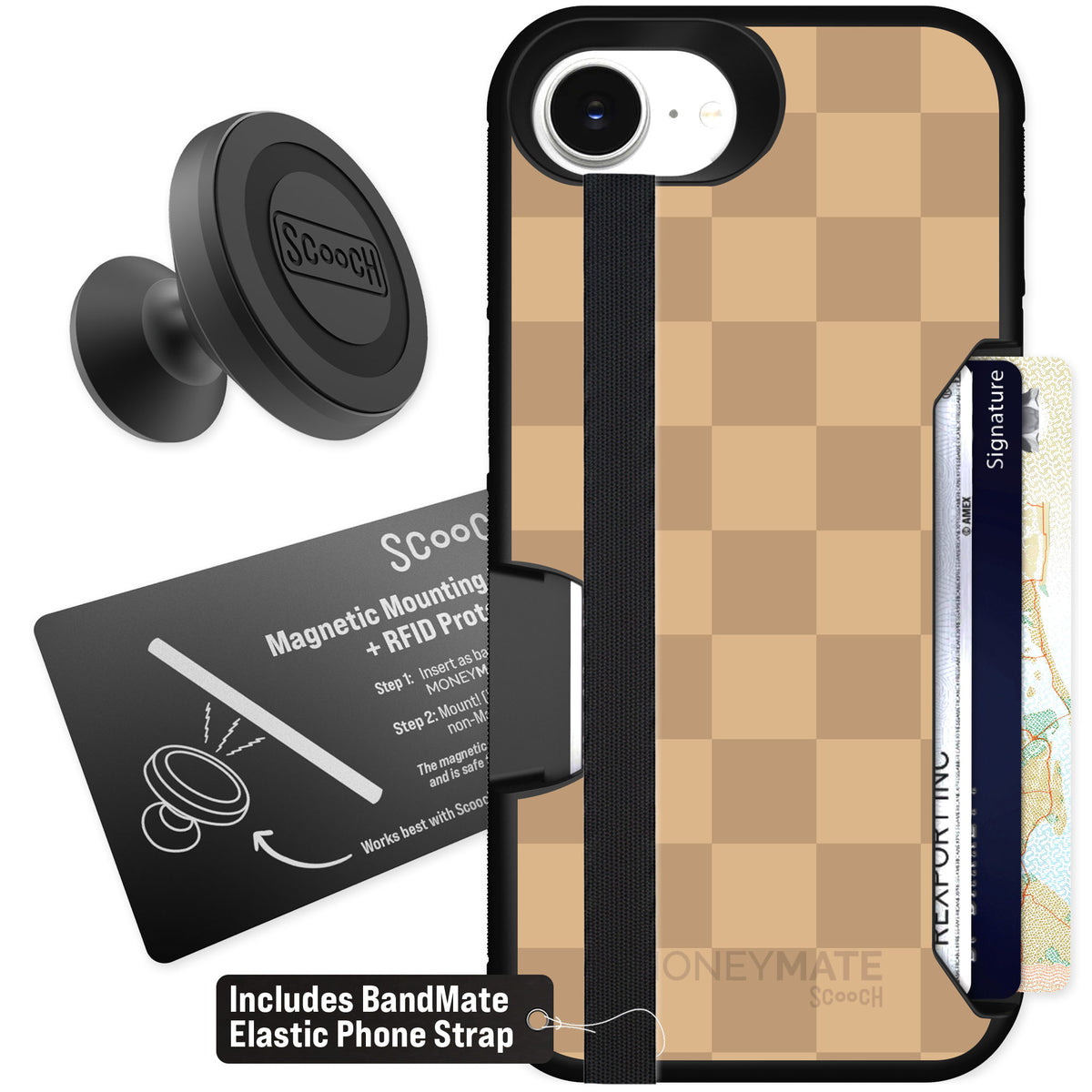 Scooch Moneymate Checkered Beige for iPhone 17e — Starter Bundle