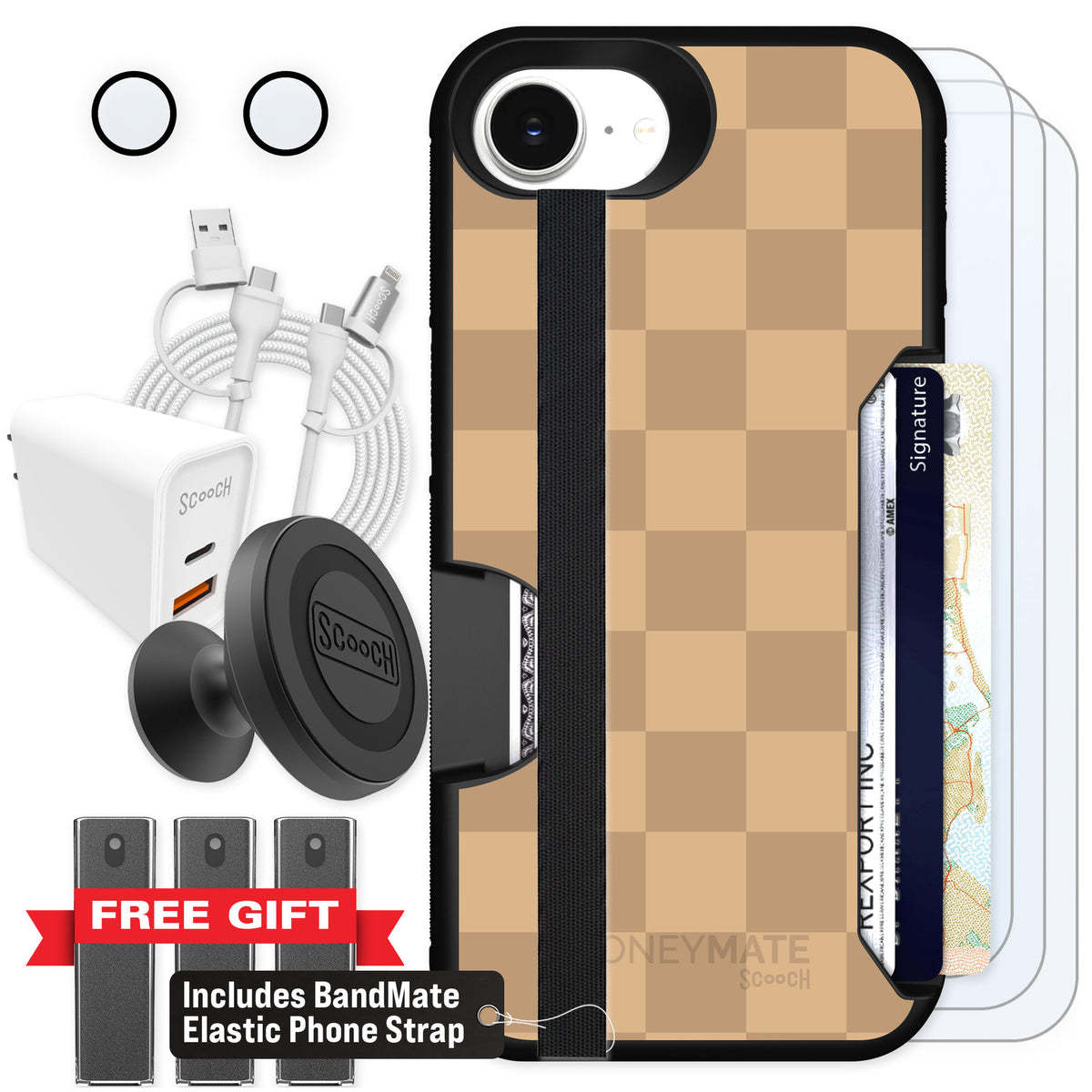 Scooch Moneymate Checkered Beige for iPhone 17e — Ultimate Bundle