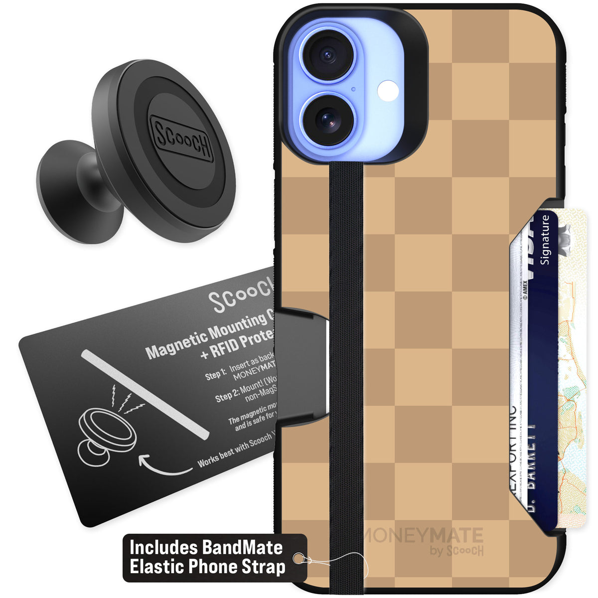 Scooch Moneymate Checkered Beige for iPhone 16 Plus — Starter Bundle