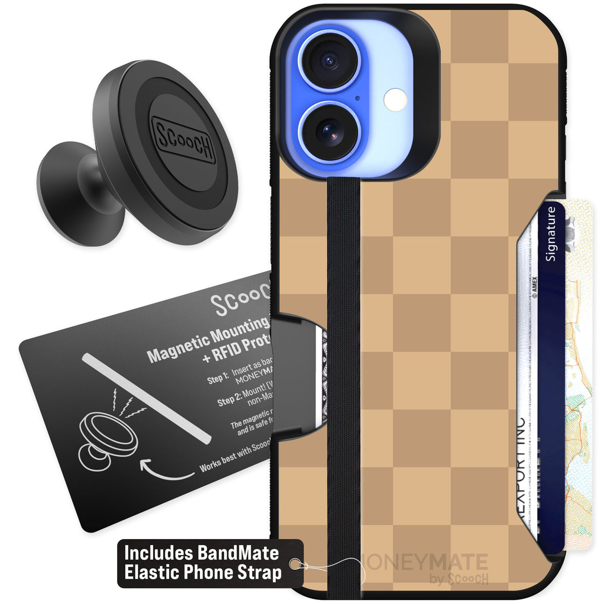 Scooch Moneymate Checkered Beige for iPhone 16 — Starter Bundle