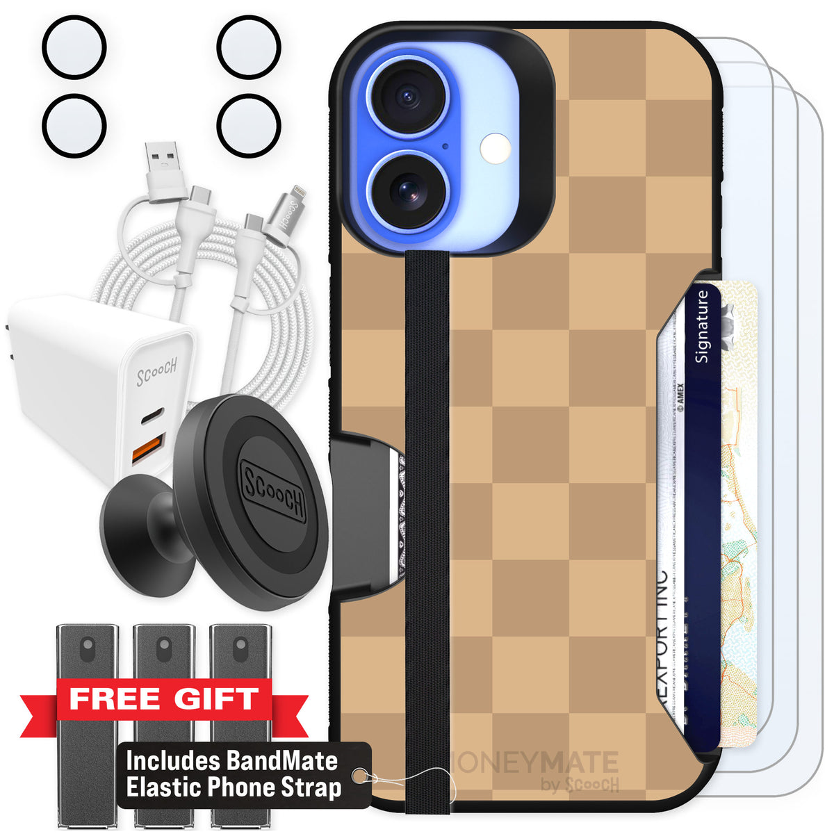 Scooch Moneymate Checkered Beige for iPhone 16 — Ultimate Bundle