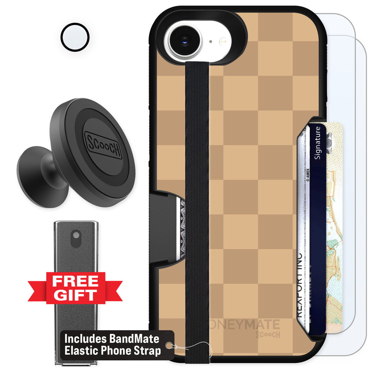 Scooch Moneymate Checkered Beige for iPhone 16e — Defender Bundle