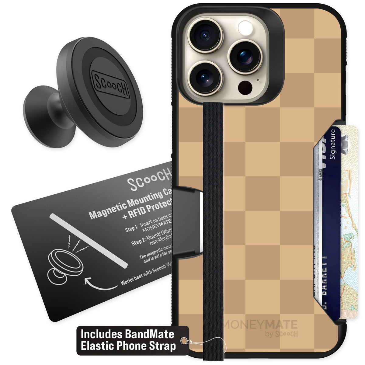 Scooch Moneymate Checkered Beige for iPhone 15 Pro Max — Starter Bundle