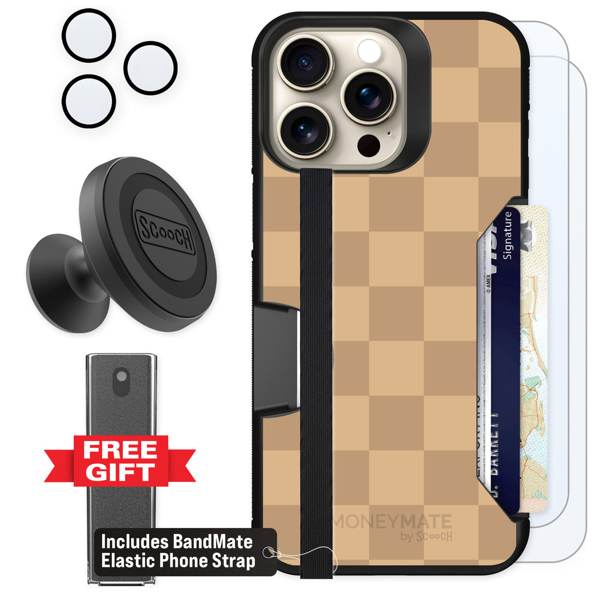 Scooch Moneymate Checkered Beige for iPhone 15 Pro Max — Defender Bundle