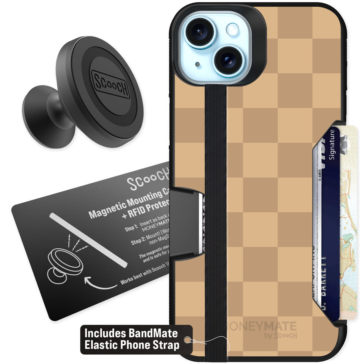 Scooch Moneymate Checkered Beige for iPhone 15 Plus — Starter Bundle
