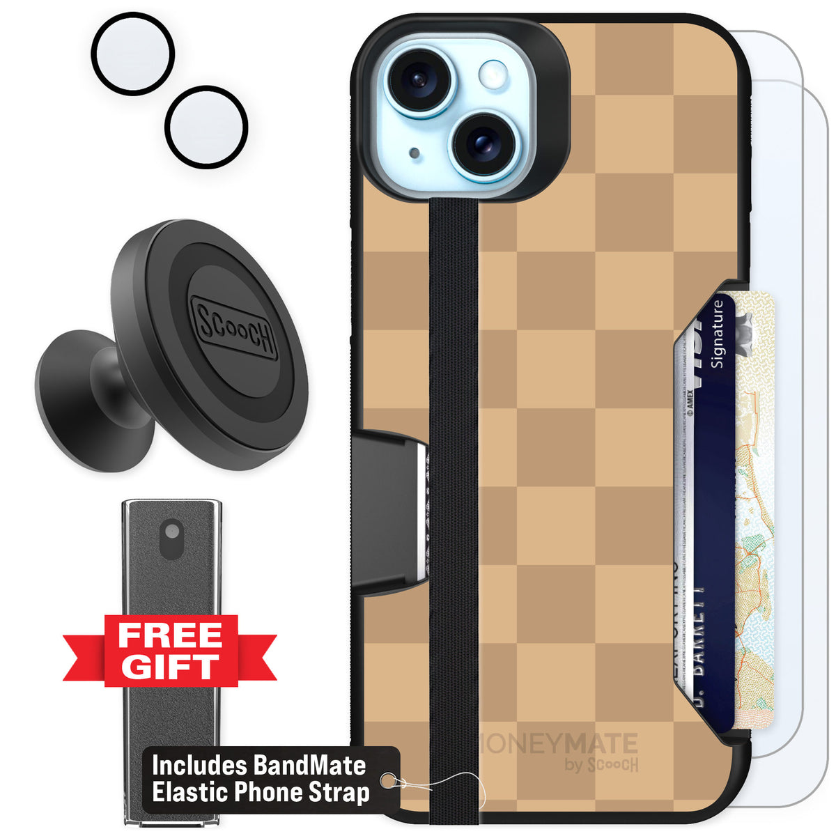 Scooch Moneymate Checkered Beige for iPhone 15 Plus — Defender Bundle