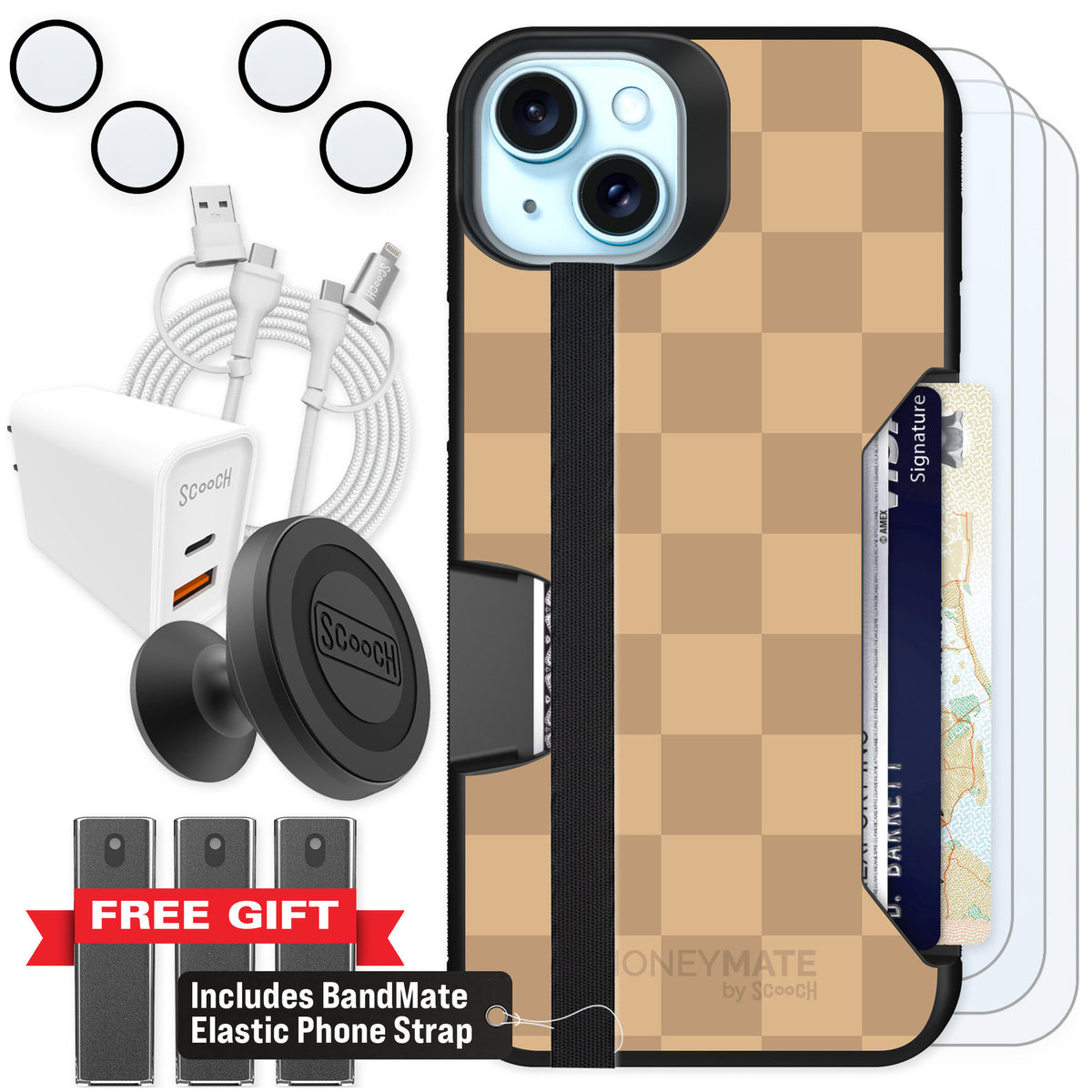 Scooch Moneymate Checkered Beige for iPhone 15 Plus — Ultimate Bundle