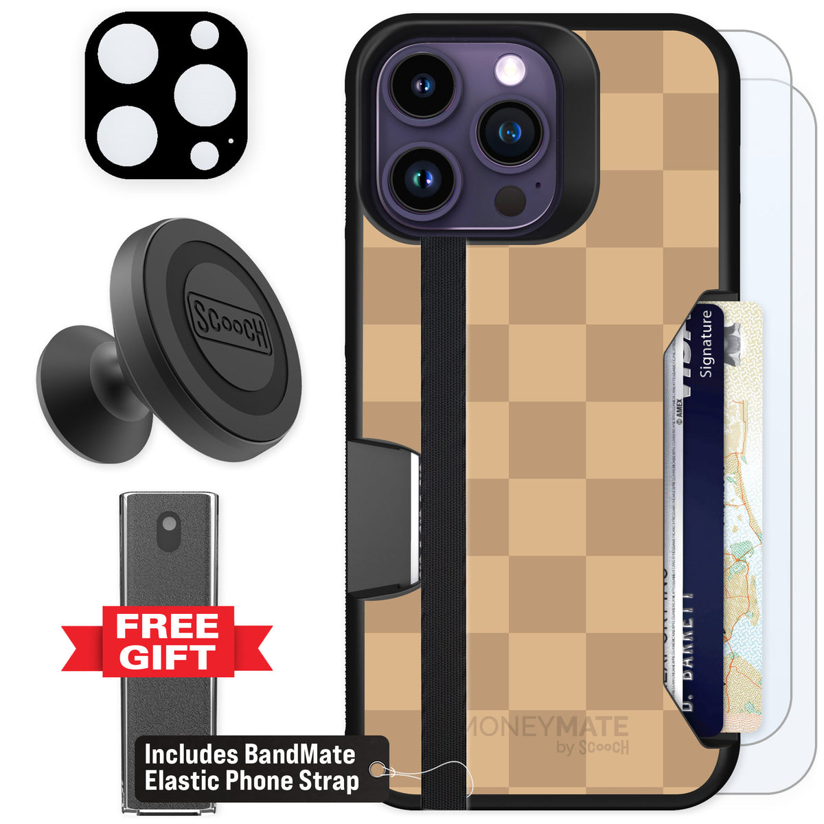 Scooch Moneymate Checkered Beige for iPhone 14 Pro Max — Defender Bundle