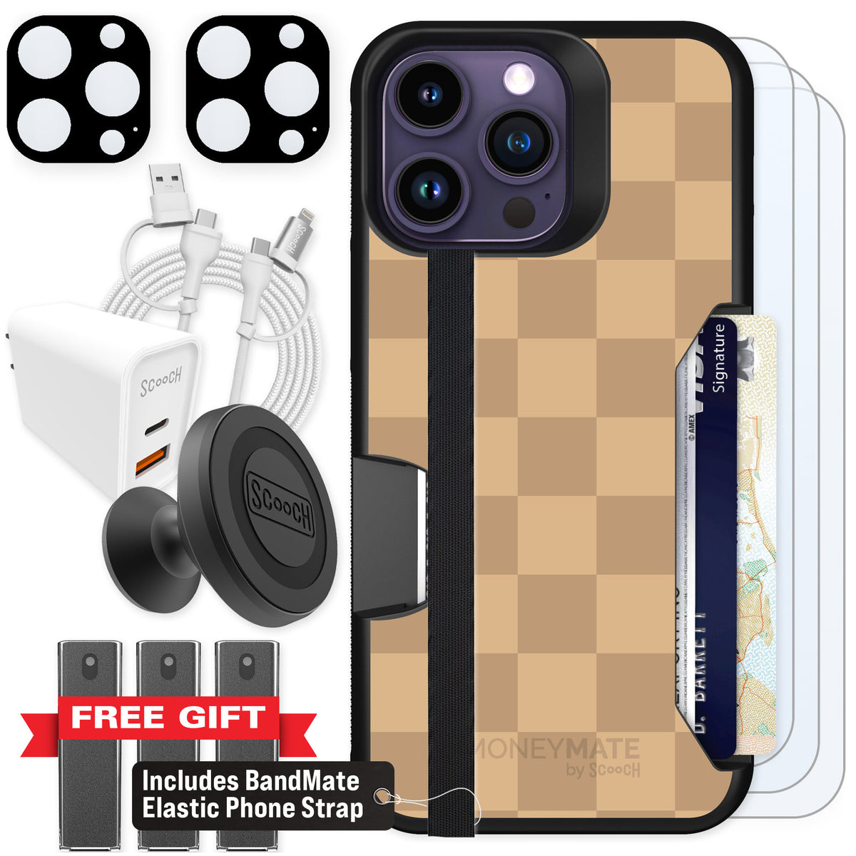 Scooch Moneymate Checkered Beige for iPhone 14 Pro Max — Ultimate Bundle
