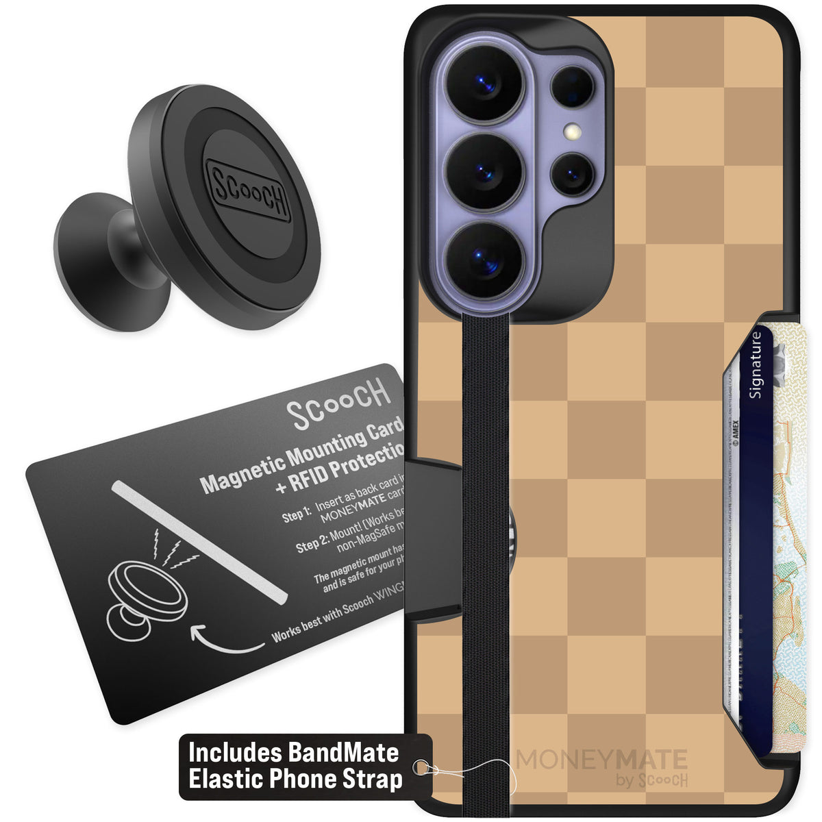 Scooch Moneymate Checkered Beige for Galaxy S26 Ultra — Starter Bundle