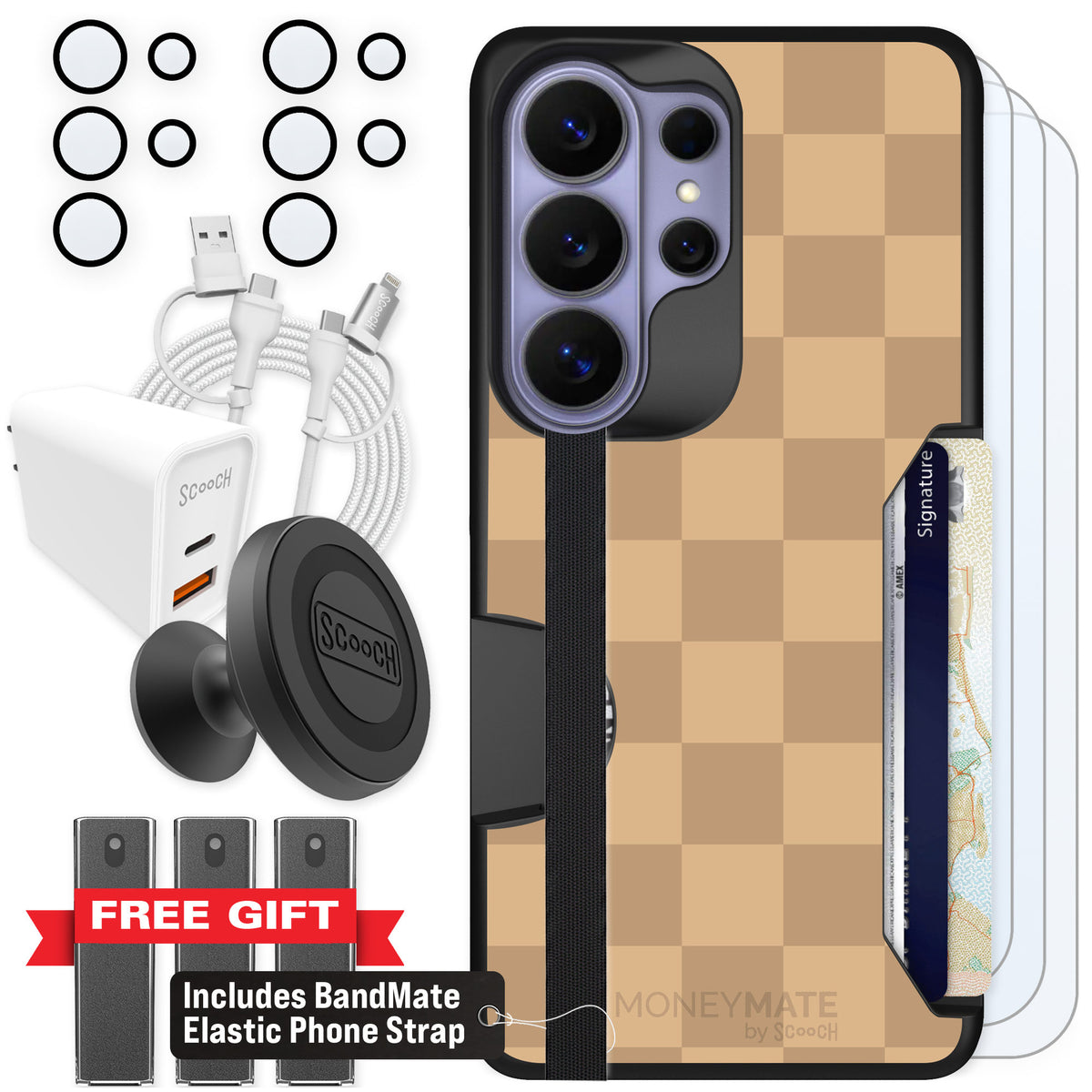 Scooch Moneymate Checkered Beige for Galaxy S26 Ultra — Ultimate Bundle