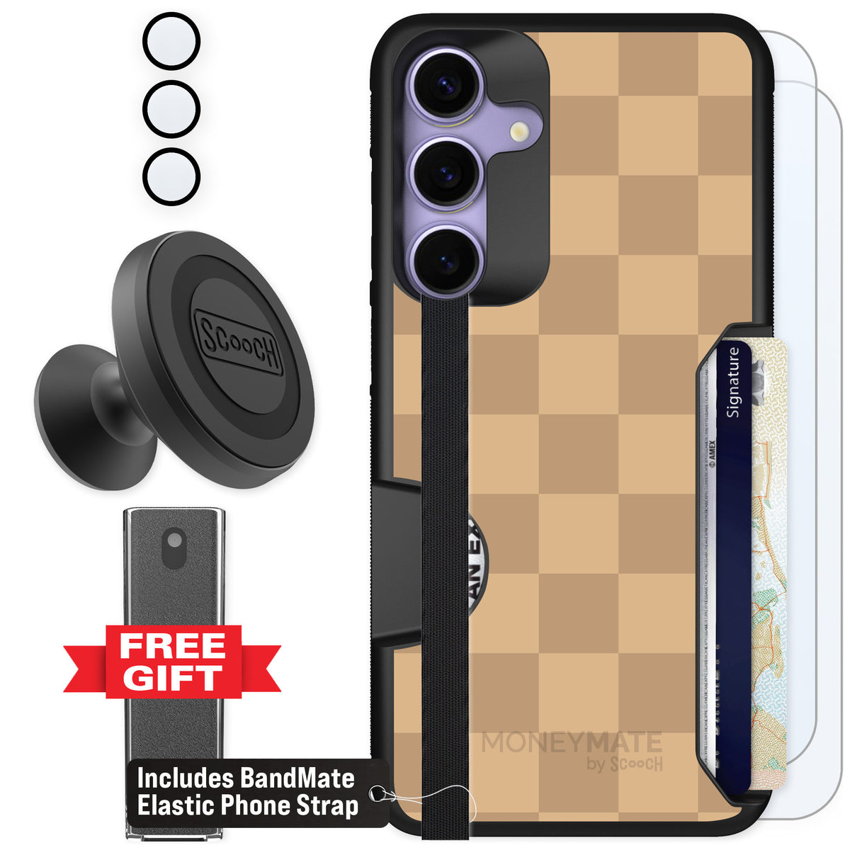 Scooch Moneymate Checkered Beige for Galaxy S25+ — Defender Bundle